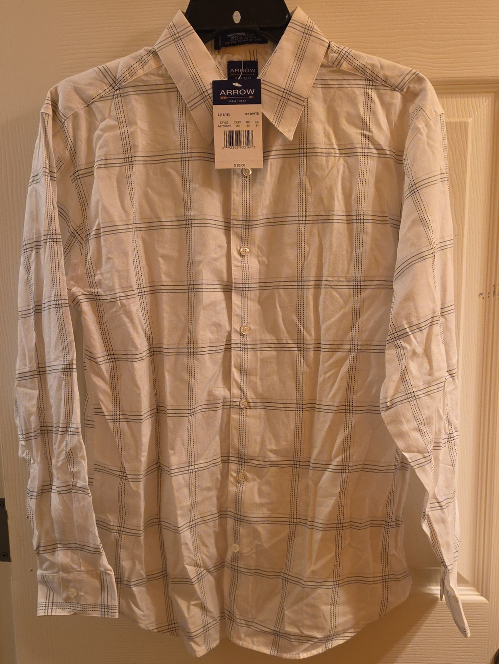 Arrow Men's White Plaid Dress Shirt with Gray Windowpane